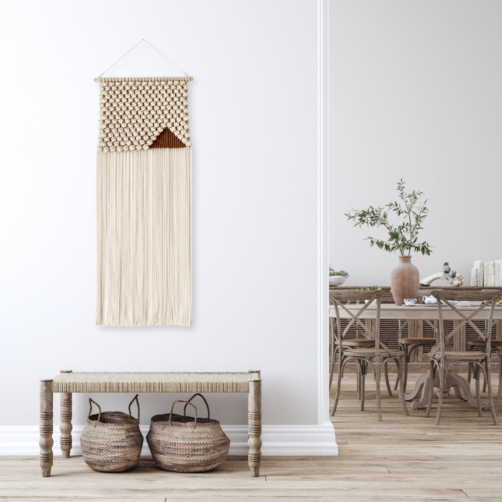 Macrame wall hanging depicting a landscape scene in warm hues, a perfect blend of art and craft - Yashi Designs