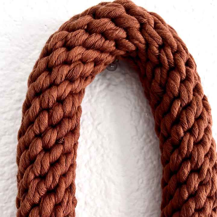 Rust-toned modern rope art wall hanging, blending rustic charm with a contemporary design - Yashi Designs