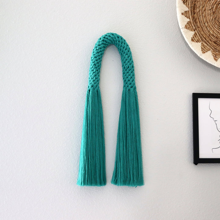 Contemporary Fiber Art, Aarya Tassel in Emerald knotted wall hanging, modern home decor - Yashi Designs