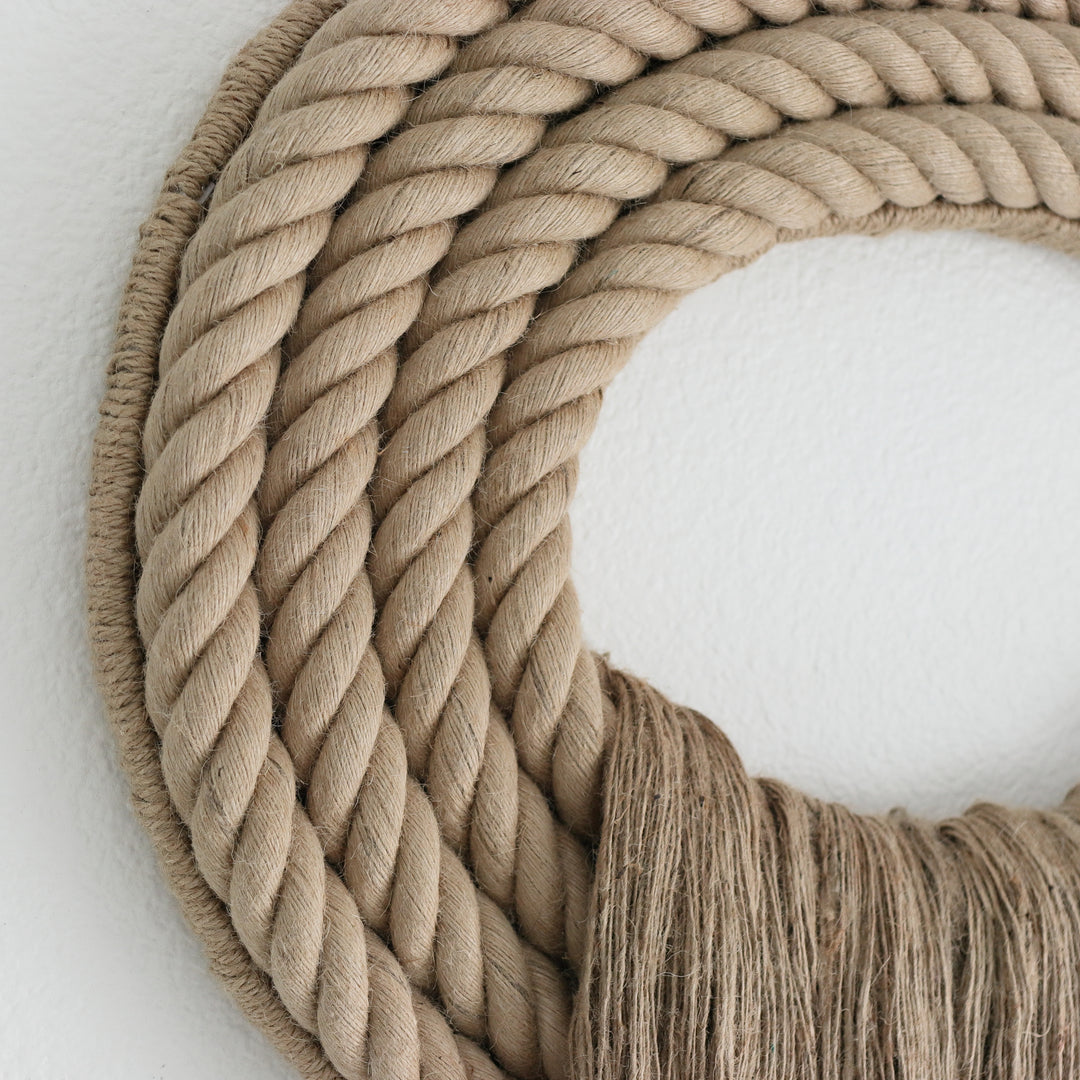 Elegant beige wall hanging tassel with a distinctive circular accent for a modern decorative touch with Contemporary Wall hangings, Extra Large Jute Crest Rope Sculpture