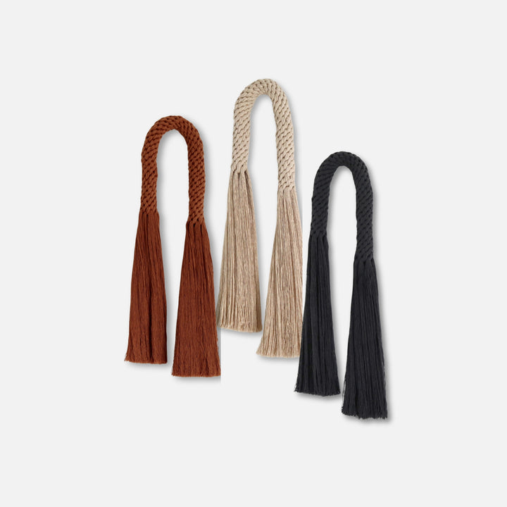 Set of 3 fiber art wall hangings in coordinating Oat, Rust, and Charcoal tones, embodying a harmonious blend of modern macrame and contemporary rope art - Yashi Designs
