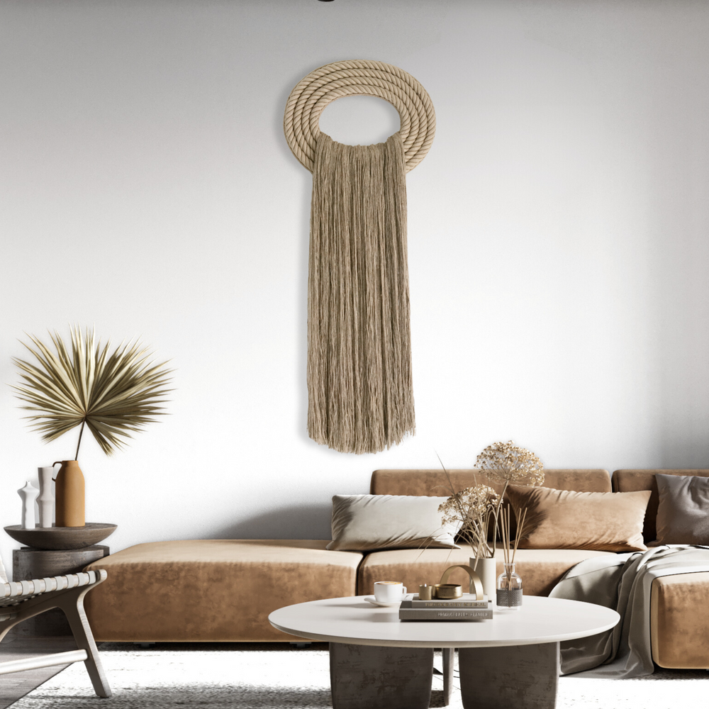 Elegant beige wall hanging tassel with a distinctive circular accent for a modern decorative touch with Contemporary Wall hangings, Extra Large Jute Crest Rope Sculpture