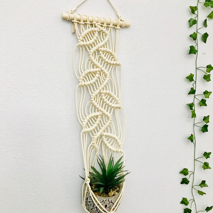 Macrame plant hanger 'The Vines' with a leaf pattern, combining natural inspiration with handcrafted elegance - Yashi Designs