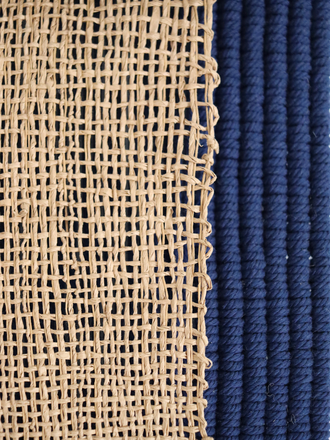 Navy blue and beige textured wall hanging with jute accents, handcrafted by Yashi Designs, perfect for adding depth and artisanal charm to any interior