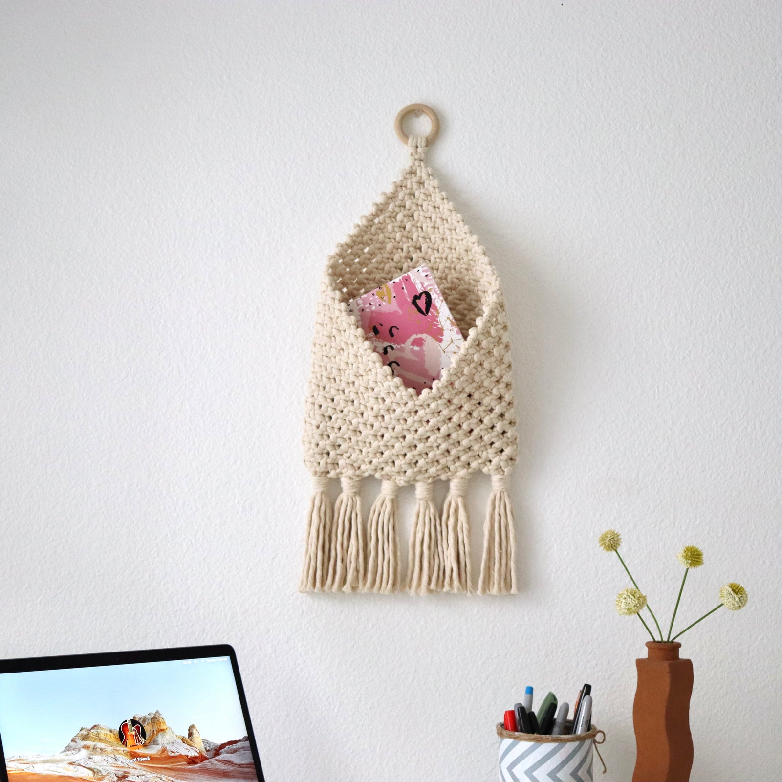 White Macrame Letter Holder, Handmade Macrame, Office Accessories, Home Organization, Yashi Designs Envelope - Letter Holder, Macrame Wall Hanging