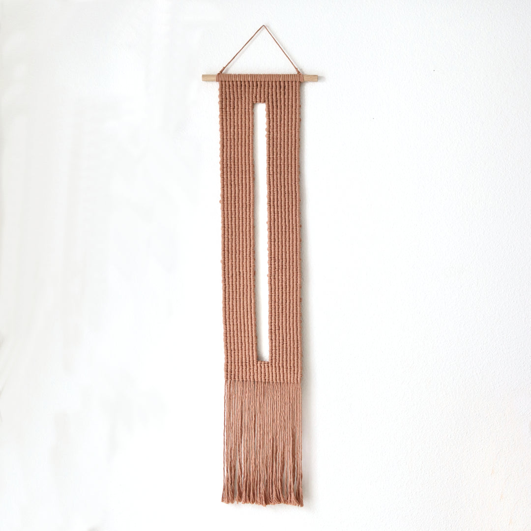 Large Woven wall hanging Keyhole in Dusty Rose, Minimalist macrame wall hanging featuring a clean and elegant design with a contemporary look.  