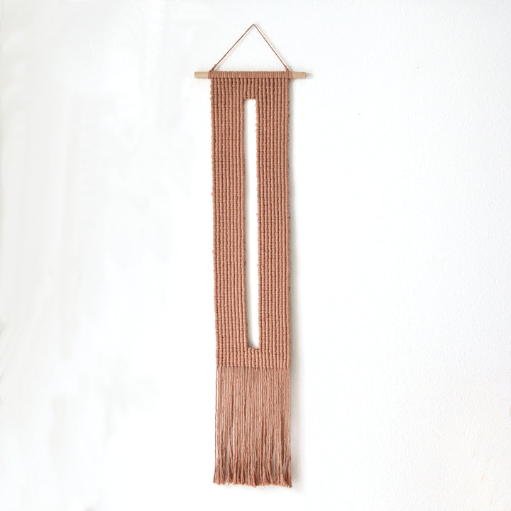 Large Woven wall hanging Keyhole in Dusty Rose, Minimalist macrame wall hanging featuring a clean and elegant design with a contemporary look.  