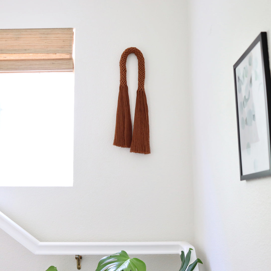 Rust-toned modern rope art wall hanging, blending rustic charm with a contemporary design - Yashi Designs