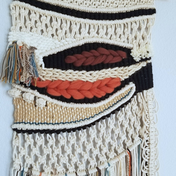 Handcrafted macrame wall hanging featuring layered textures and colorful accents in a unique design, Find knotted fiber art, unique contemporary art
