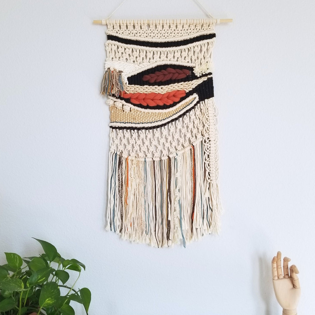 landscape tapestry Handcrafted macrame wall hanging featuring layered textures and colorful accents in a unique design, Find knotted fiber art, unique contemporary art