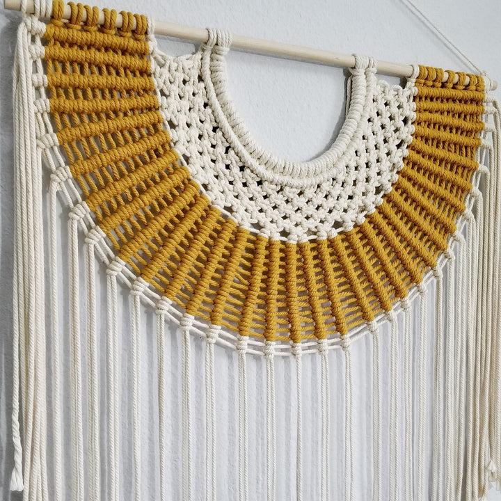 Large Contemporary Fiber Art 'The Desert Sun' by Yashi Designs, features a radiant golden hue reminiscent of a desert landscape at sunset, crafted by Yashi designs, macrame art, minimalist fiber art, Contemporary art
