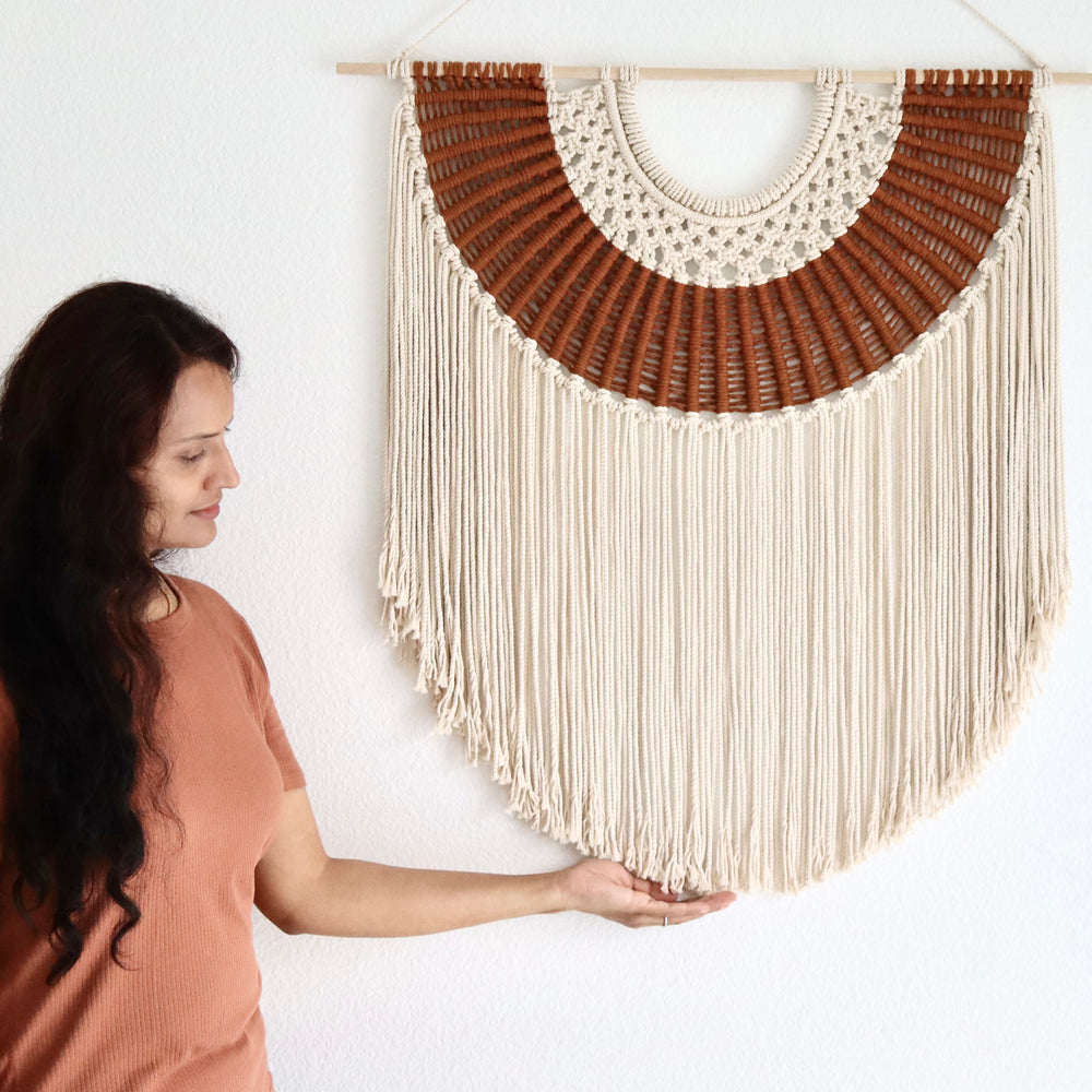 XL Macrame Wall Hanging 'The Matrix' with a sophisticated espresso and oat color scheme, embodying a sleek, modern aesthetic art - Yashi Designs